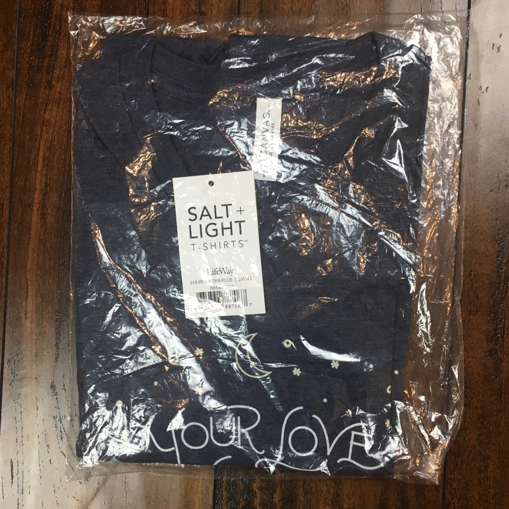 Women’s Salt + Light T-Shirt YOUR LOVE LORD REACHES TO THE HEAVENS SZ S Blue NWT